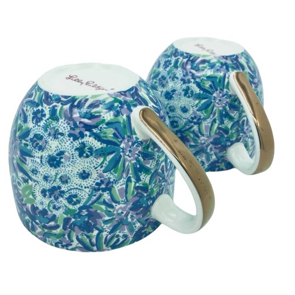 Set of 2 Lilly Pulitzer Mug Cup 12 Oz Floral Blue Gold Handle Hidden Lion - Picture 7 of 11